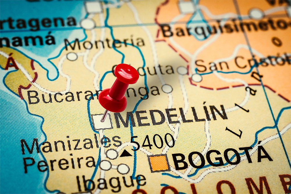 map of colombia pointing Medellin with a thumbtack